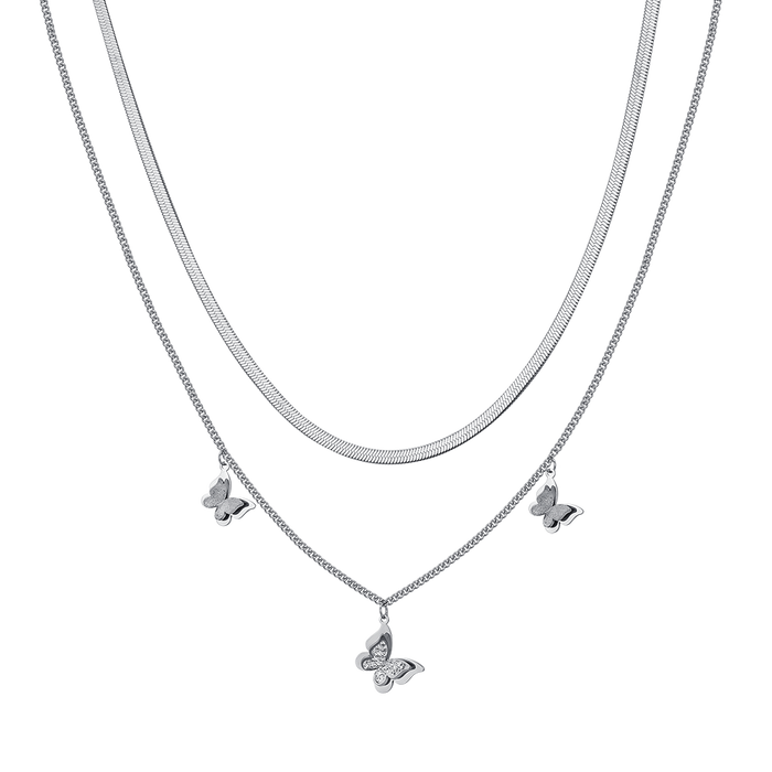 WOMEN'S STEEL NECKLACE WITH WHITE CRYSTALS BUTTERFLIES