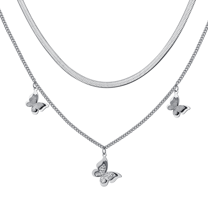 WOMEN'S STEEL NECKLACE WITH WHITE CRYSTALS BUTTERFLIES