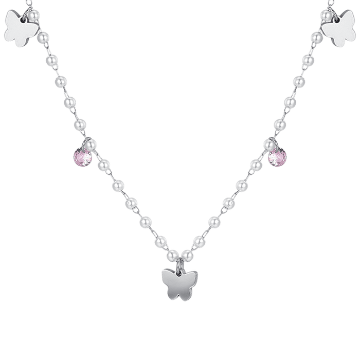 WOMEN'S STEEL NECKLACE WITH PEARLS AND BUTTERFLIES