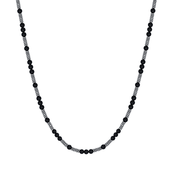 COLLANA UOMO IN ACCIAIO CON PIETRE NERE ED ELEMENTI IN ACCIAIO