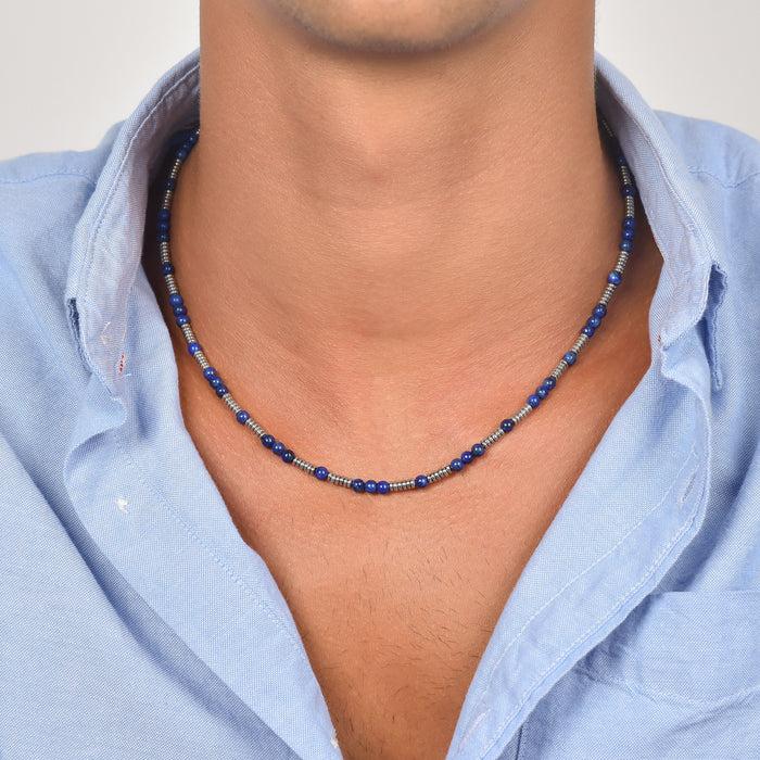 MEN'S STEEL NECKLACE WITH BLUE STONES AND STEEL ELEMENTS