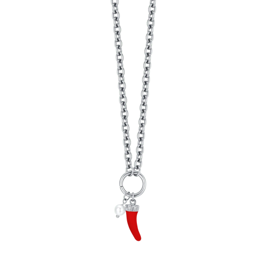 COLLANA DONNA IN ACCIAIO CON CORNO CON SMALTO ROSSO E PERLA BIANCA