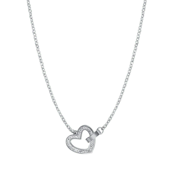 WOMEN'S STEEL NECKLACE WITH HEART AND WHITE CRYSTALS AND ELEMENT