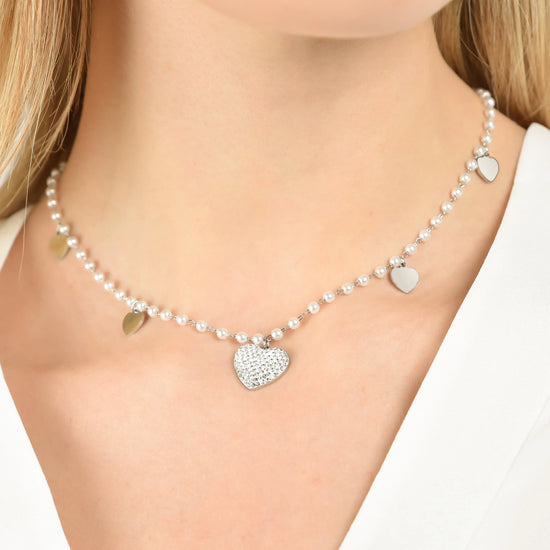 COLLANA DONNA IN ACCIAIO CON PERLE BIANCHE E CUORI