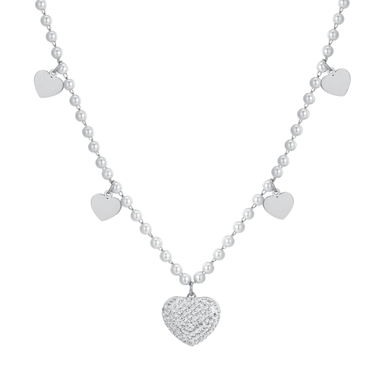 COLLANA DONNA IN ACCIAIO CON PERLE BIANCHE E CUORI