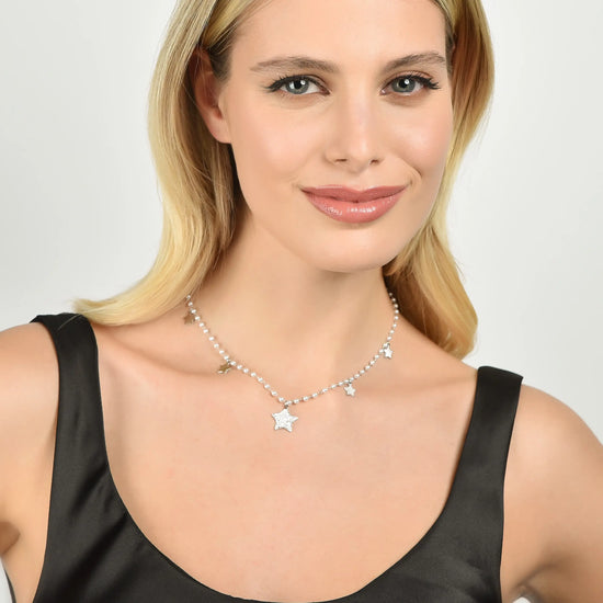 COLLANA DONNA IN ACCIAIO CON PERLE BIANCHE E STELLE