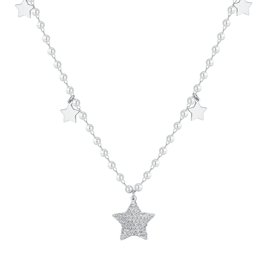 COLLANA DONNA IN ACCIAIO CON PERLE BIANCHE E STELLE