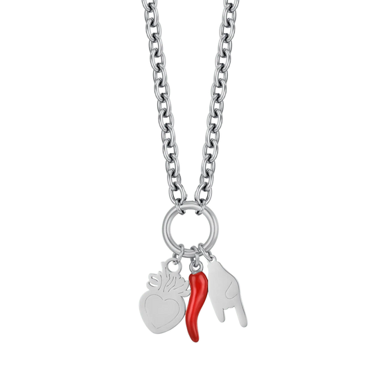 COLLANA DONNA IN ACCIAIO CON SIMBOLI PORTAFORTUNA