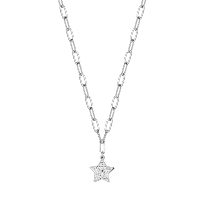 COLLANA DONNA IN ACCIAIO CON STELLA E CRISTALLI BIANCHI E MAGLIA CATENA