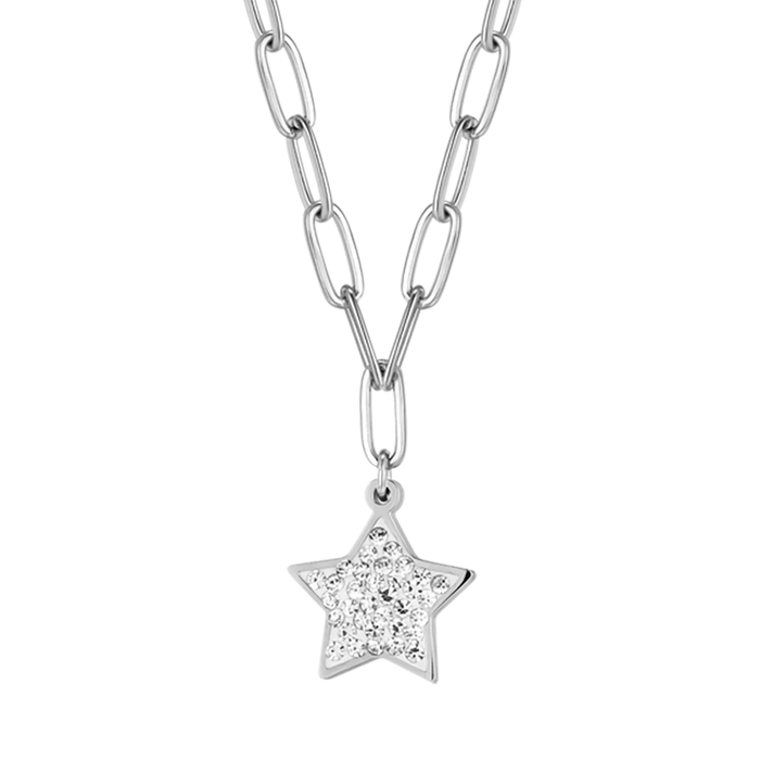COLLANA DONNA IN ACCIAIO CON STELLA E CRISTALLI BIANCHI E MAGLIA CATENA
