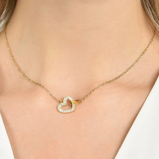 WOMEN'S NECKLACE IN IP GOLD STEEL WITH HEART AND WHITE CRYSTALS AND ELEMENT