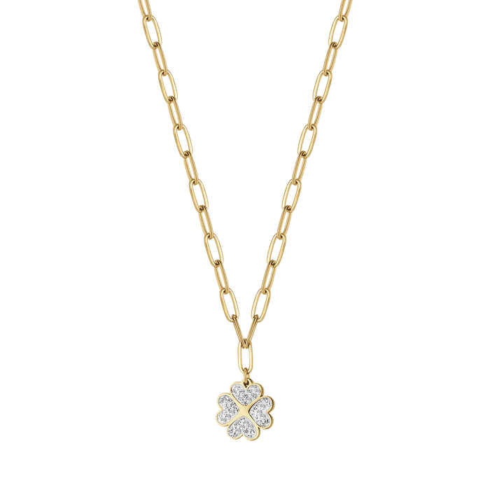 COLLANA DONNA IN ACCIAIO IP GOLD CON QUADRIFOGLIO E CRISTALLI BIANCHI
