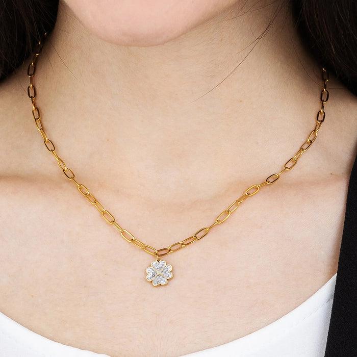 COLLANA DONNA IN ACCIAIO IP GOLD CON QUADRIFOGLIO E CRISTALLI BIANCHI