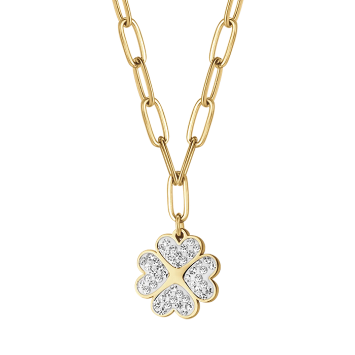 COLLANA DONNA IN ACCIAIO IP GOLD CON QUADRIFOGLIO E CRISTALLI BIANCHI