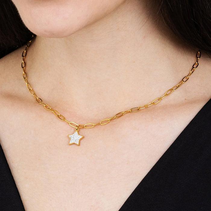 COLLANA DONNA IN ACCIAIO IP GOLD CON STELLA E CRISTALLI BIANCHI