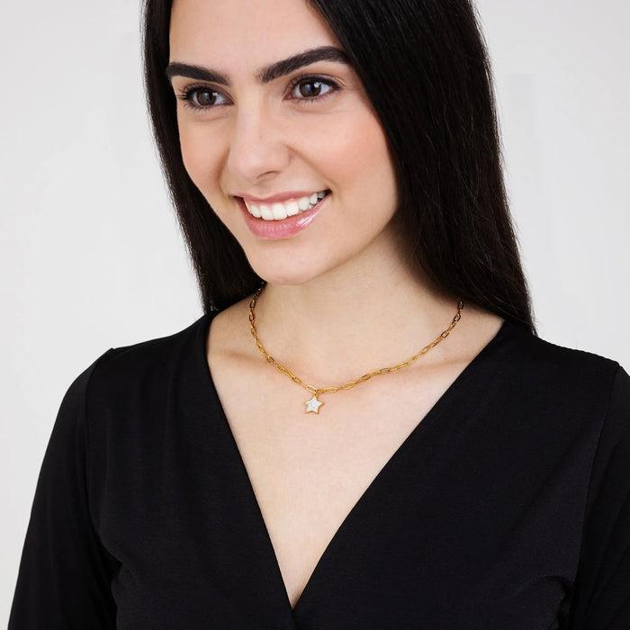 WOMEN'S NECKLACE IN IP GOLD STEEL WITH STAR AND WHITE CRYSTALS