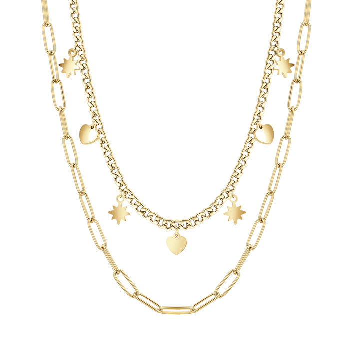 COLLANA DONNA IN ACCIAIO IP GOLD MULTIFILO CON STELLE E CUORI