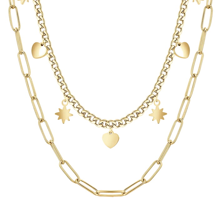 COLLANA DONNA IN ACCIAIO IP GOLD MULTIFILO CON STELLE E CUORI
