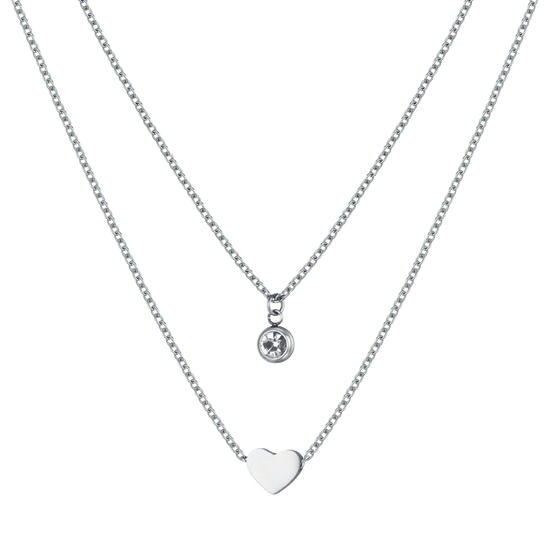 WOMEN'S MULTI-STRAIN STEEL NECKLACE WITH HEART AND WHITE CRYSTAL