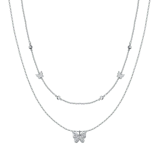 COLLANA DONNA MULTIFILO IN ACCIAIO CON FARFALLE E CRISTALLI BIANCHI