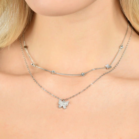 COLLANA DONNA MULTIFILO IN ACCIAIO CON FARFALLE E CRISTALLI BIANCHI