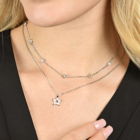 WOMEN'S MULTI-STRAIN NECKLACE IN STEEL WITH STARS AND WHITE CRYSTALS