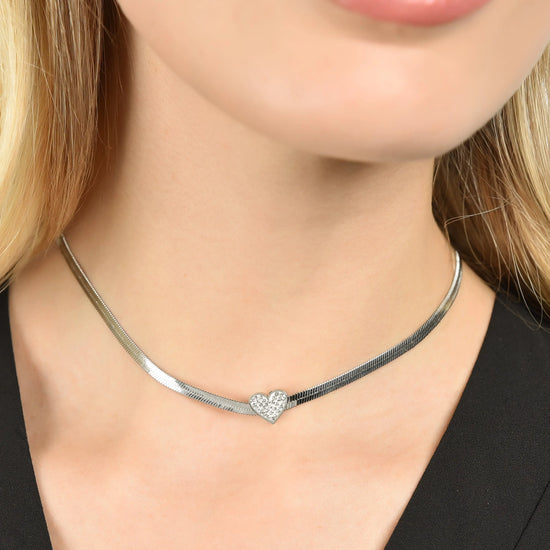 COLLANA DONNA SNAKE IN ACCIAIO CON CUORE E CRISTALLI BIANCHI