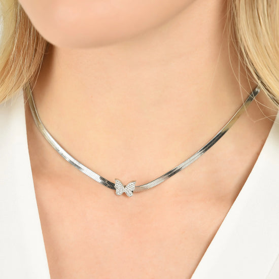 COLLANA DONNA SNAKE IN ACCIAIO CON FARFALLA CON CRISTALLI BIANCHI