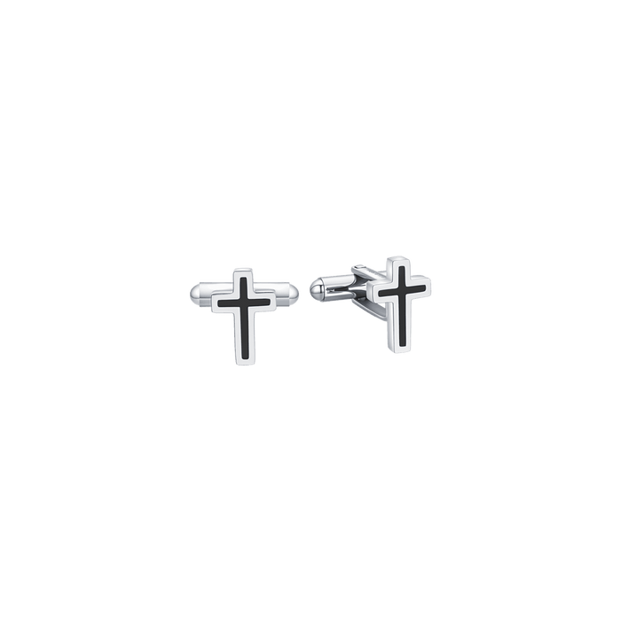 BOUTONS DE MANCHETTE HOMME EN ACIER AVEC CROIX NOIRE