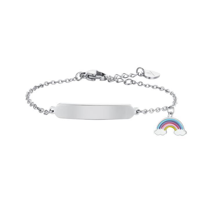 BRACCIALE BAMBINA IN ACCIAIO CON ARCOBALENO E PIASTRA