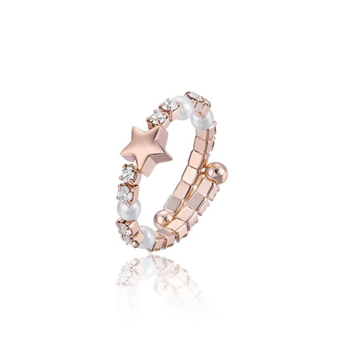 Bague ajustable en métal IP rose avec cristaux étoilés et perles blanches