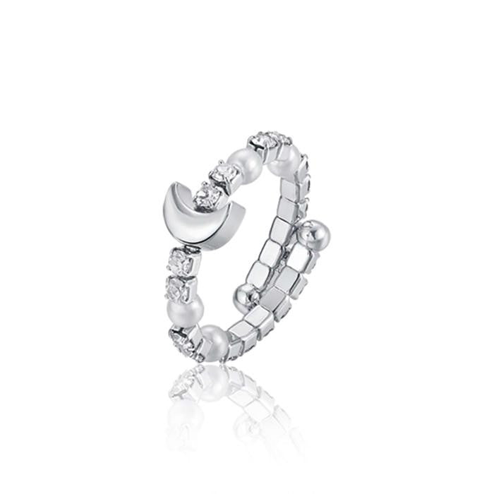 Bague réglable en métal avec cristaux de lune et perles blanches