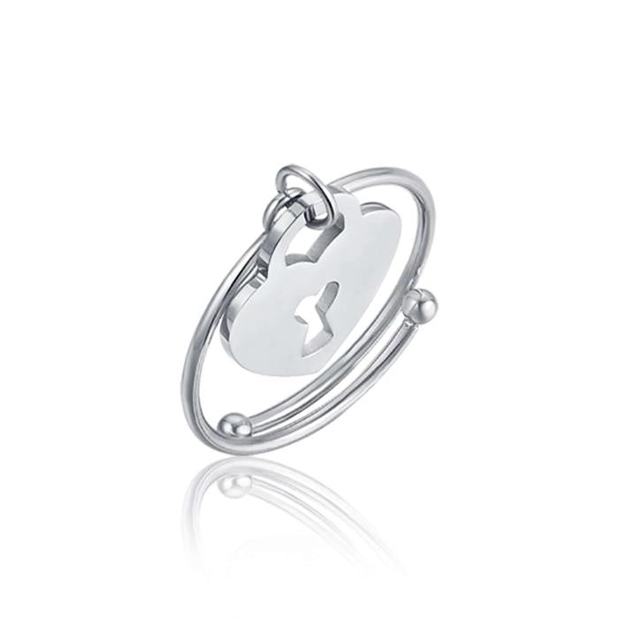 Bague réglable en acier avec cadenas en forme de cœur