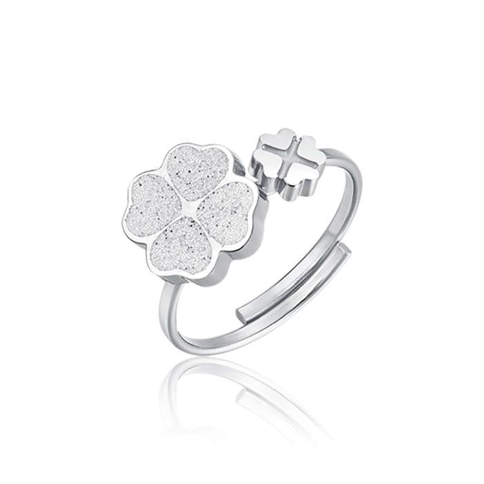 Adjustable Steel Ring With Four Leaf Clovers With White Glitter