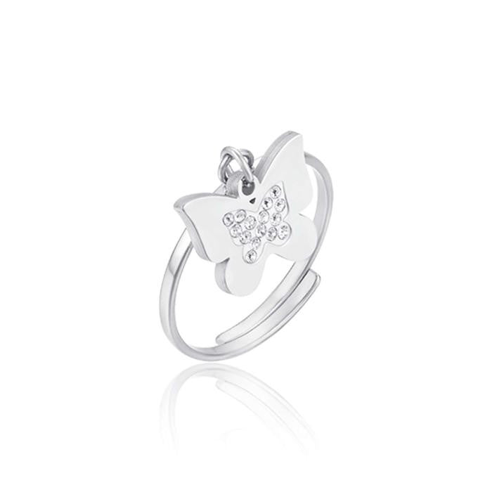 Bague en acier avec papillon et cristaux blancs