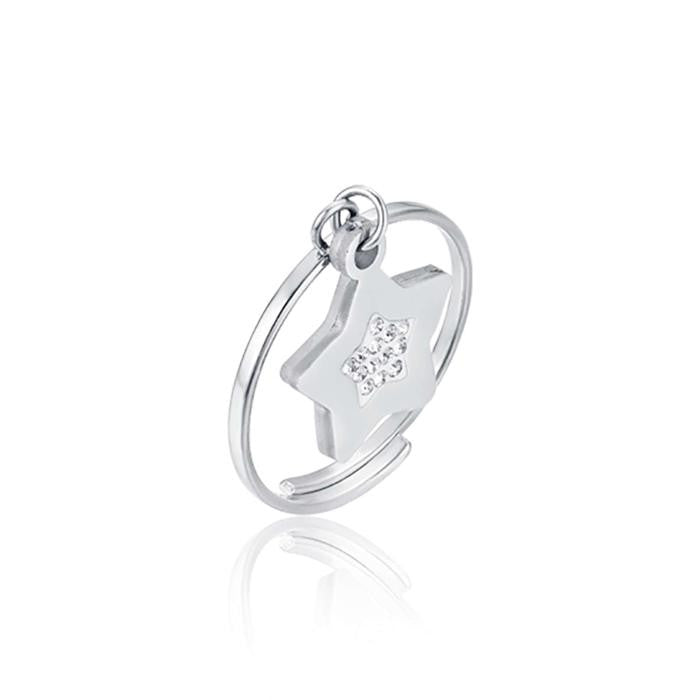 Bague en acier avec étoile et cristaux blancs