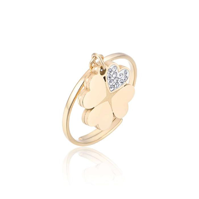 Bague en acier doré IP avec trèfle à quatre feuilles et cristaux blancs