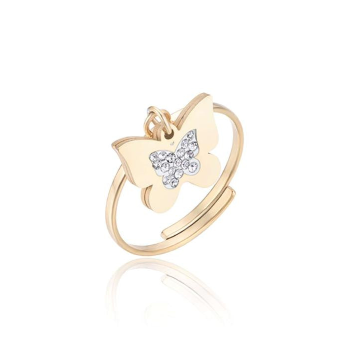 Bague en acier doré IP avec papillon et cristaux blancs
