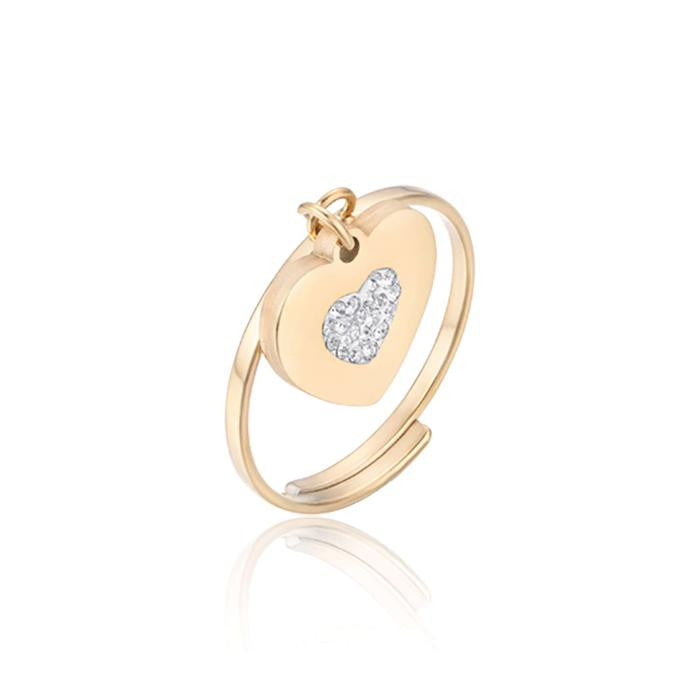 Bague en acier doré IP avec cœur et cristaux blancs