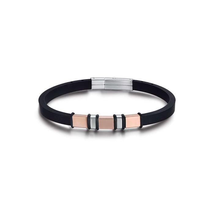 Bracelet en silicone noir avec éléments en acier IP rose et IP noir