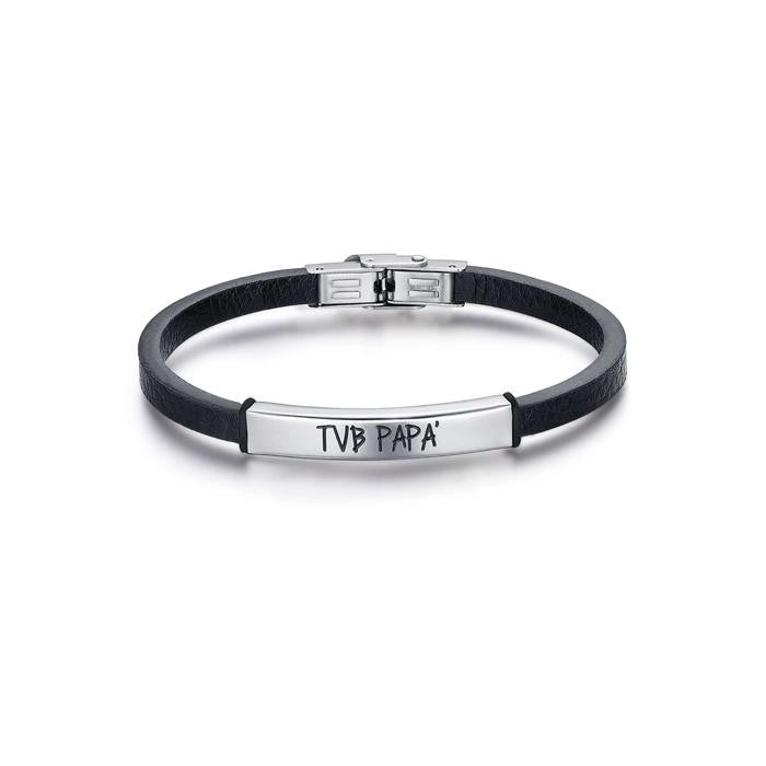 Bracelet en cuir noir avec plaque en acier Tvb Papa'