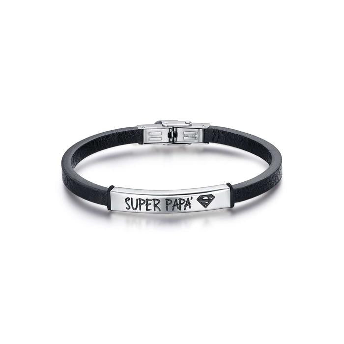 Bracciale In Cuoio Nero Con Piastra In Acciaio Con Scritta Super Papa'