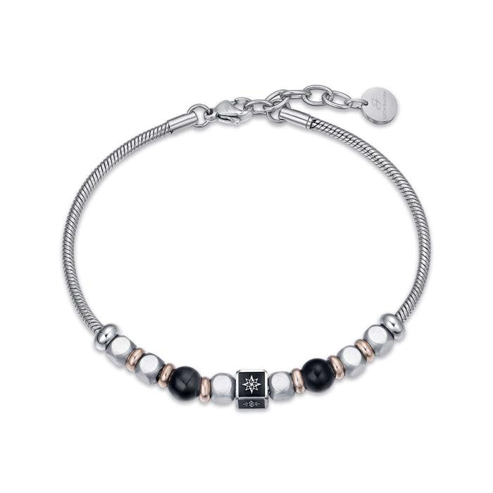 Steel Bracelet With Black Stones With Symbol