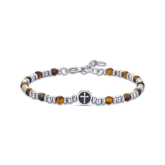 Bracelet en acier avec croix et œil de tigre