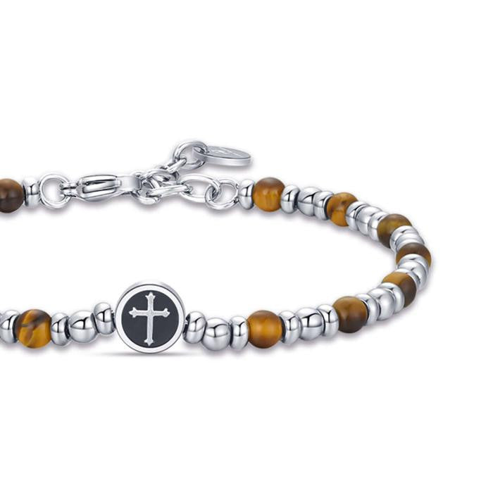 Bracelet en acier avec croix et œil de tigre