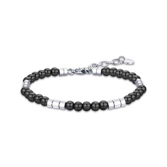 Bracciale in acciaio con pietre nere ed elementi in acciaio