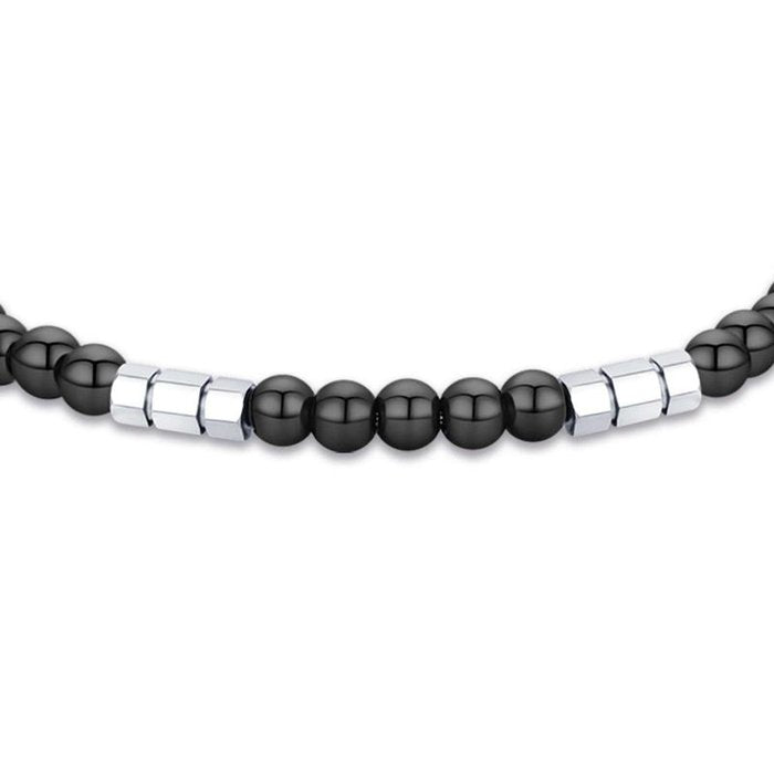 Bracciale in acciaio con pietre nere ed elementi in acciaio
