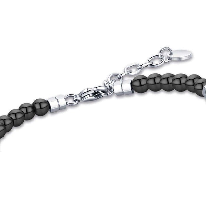 Bracciale in acciaio con pietre nere ed elementi in acciaio