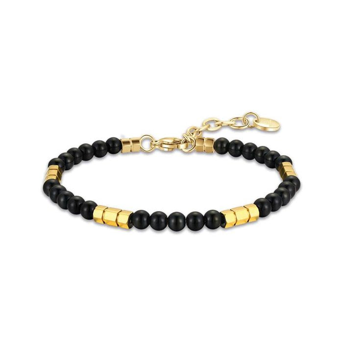 Bracciale in acciaio con pietre nere ed elementi in acciaio ip gold