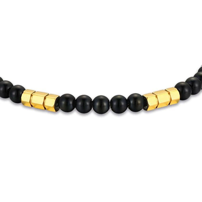 Bracciale in acciaio con pietre nere ed elementi in acciaio ip gold